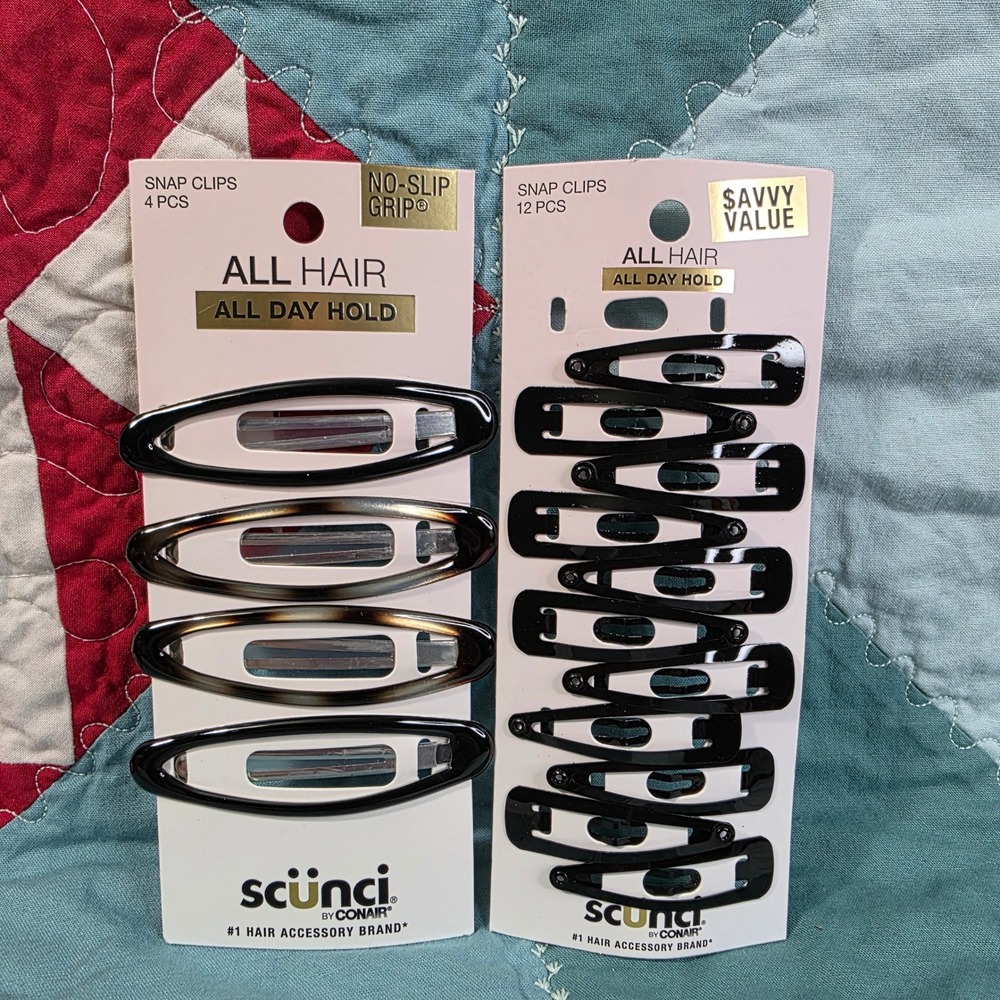 Scunci Snap Hair Clips 15 Piece Set Black Tortoise No-Slip Grip Sm/Lg 2" & 3"